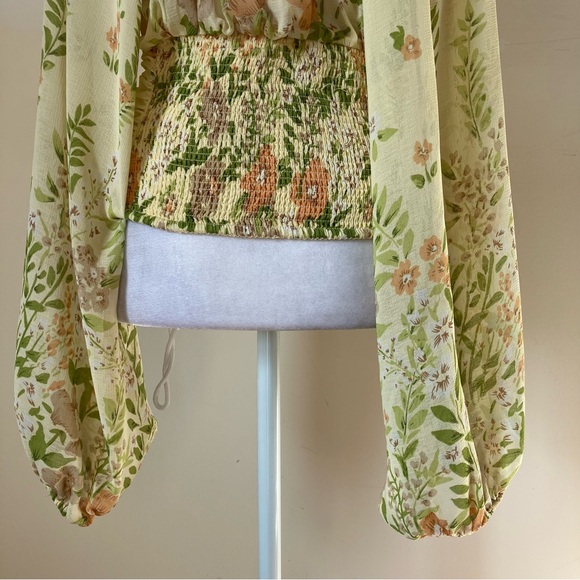 Free People Final Rose Ruched Fitted Bodice Yellow Floral Bohemian Blouse size S - Picture 8 of 9